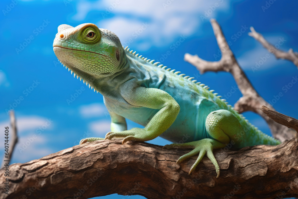 Obraz premium Glistening Green Lizard Perched on a Tree Branch