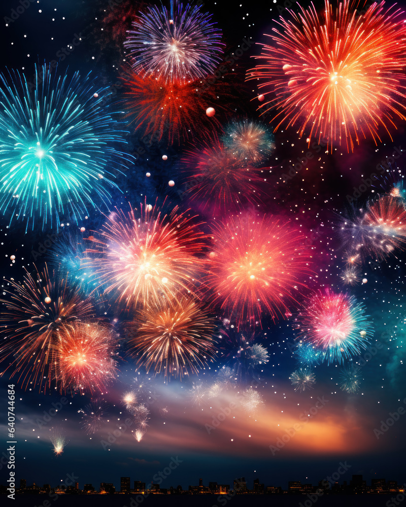 Festive colorful fireworks in the night sky