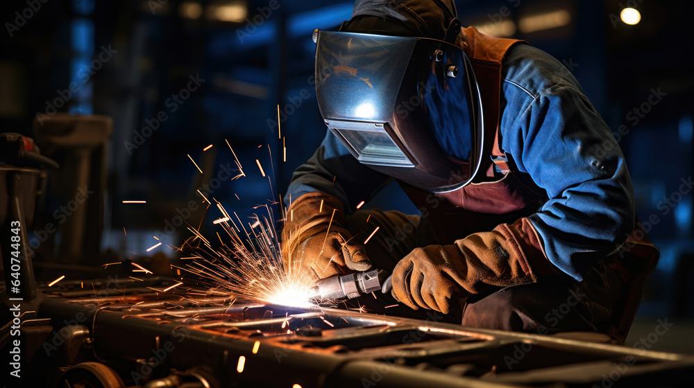 Welding work in a factory, a male welder welds steel Welding work in a factory, a male welder welds steel