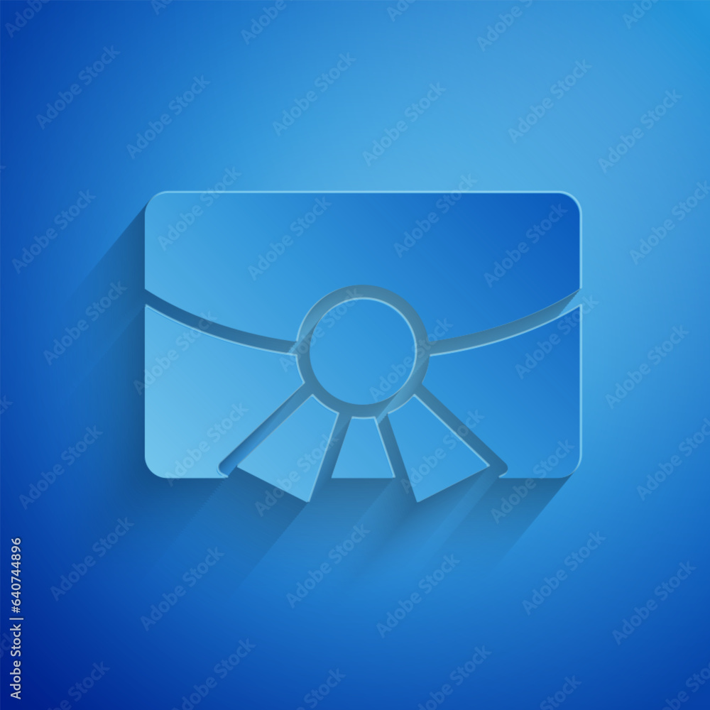 Paper cut Christmas postcard icon isolated on blue background. Merry Christmas and Happy New Year. Paper art style. Vector