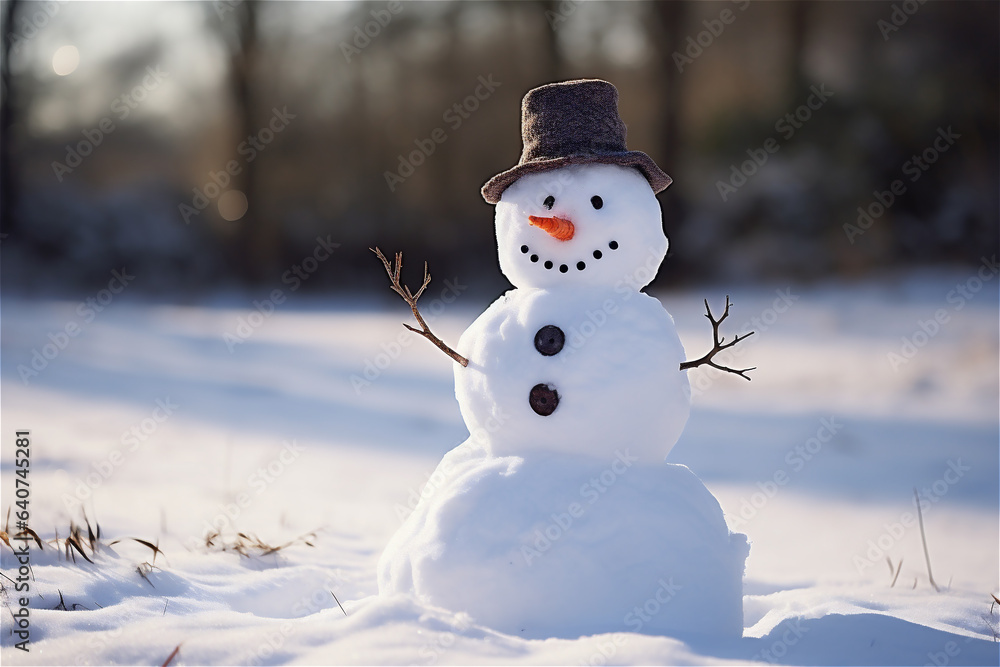 cute snowman on snowy field cute snowman on snowy field