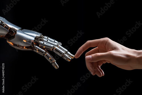 robot and human hands touch, close up on dark background