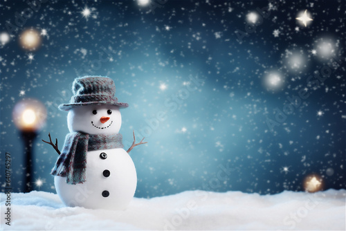 cute snowman wearing a hat and a scarf with copy space © Elena