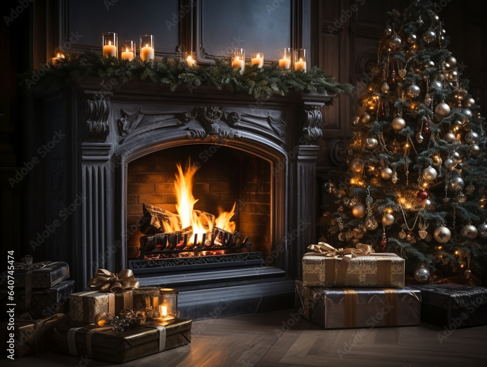 Festive Home Fireplace and Ornate Christmas Tree Festive Home Fireplace and Ornate Christmas Tree