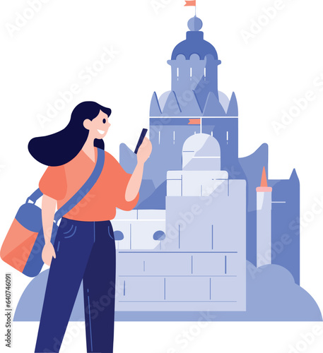 Hand Drawn tourists with attractions in flat style