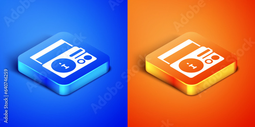 Isometric News on radio channel icon isolated on blue and orange background. Square button. Vector