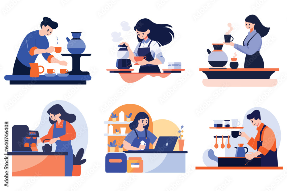 Hand Drawn Barista making coffee happily in flat style