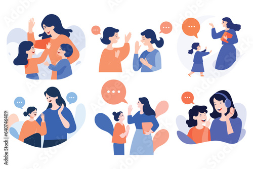 Hand Drawn mother and child talking happily in flat style