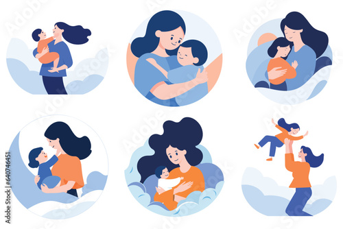 Hand Drawn Mother hugging her child happily in flat style