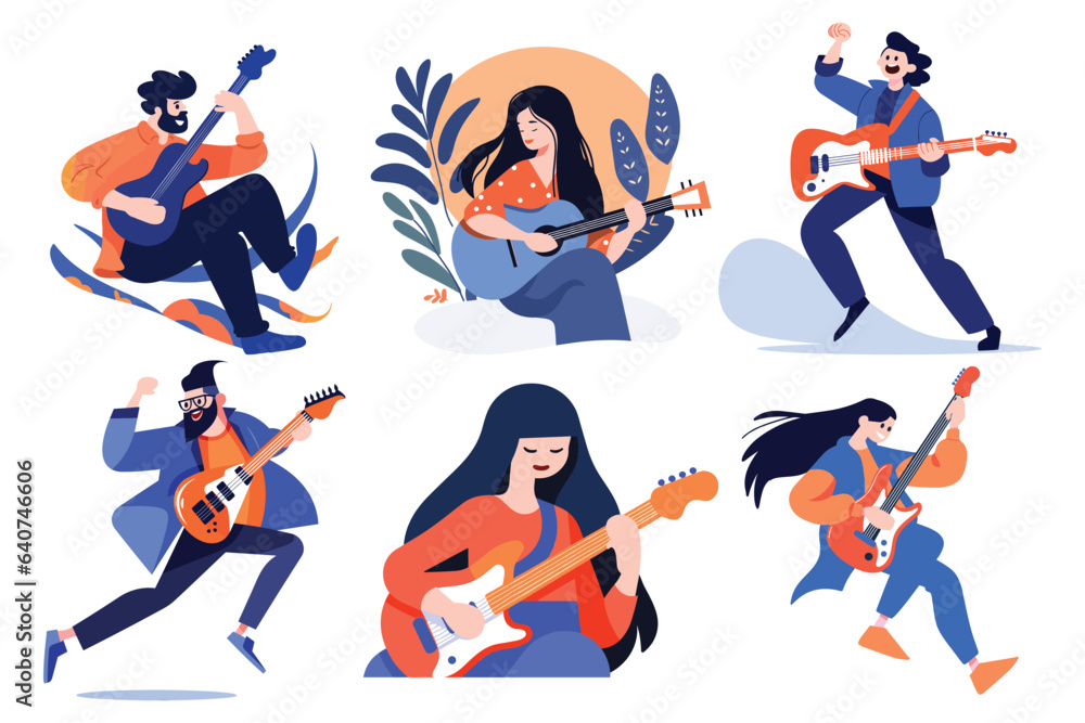 Hand Drawn musicians playing guitar and singing in flat style