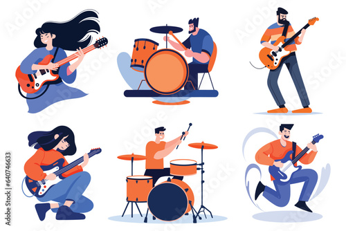 Hand Drawn musicians playing guitar and singing in flat style