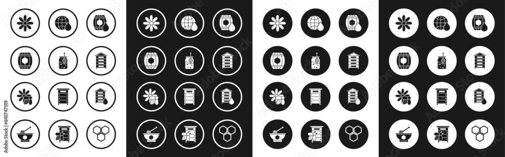 Set Wooden barrel with honey, Jar of and dipper stick, Flower, Hive for bees, Honeycomb map the world, and Bee flower icon. Vector