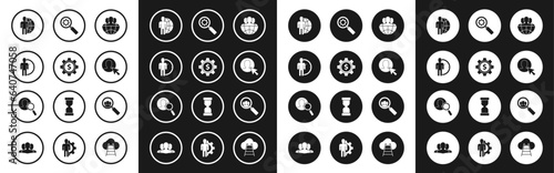 Set Globe and people, Gear with dollar symbol, Time Management, User of man in business suit, Magnifying glass gear, for search and icon. Vector