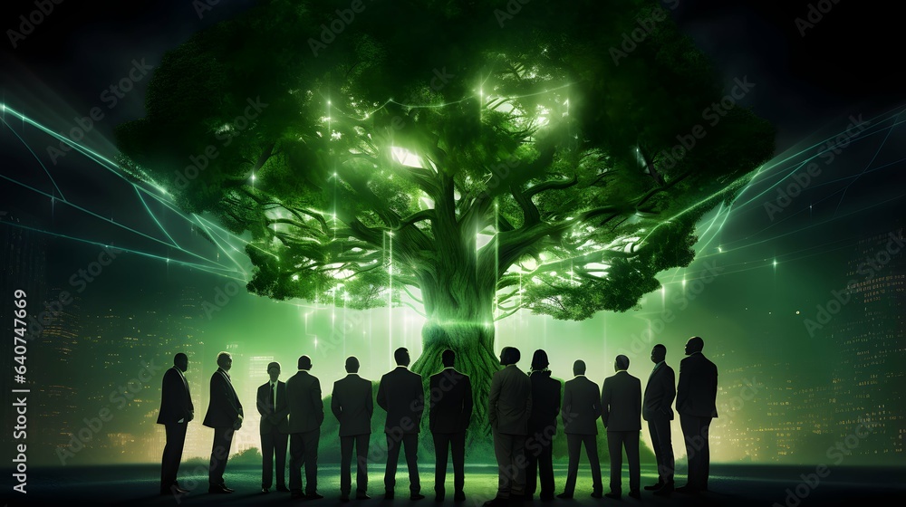 Group of silhouetted business figures gather beneath a towering green energy tree for teamwork, illustrating the mutual growth of finance and eco progress, ai generative