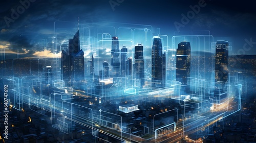 Virtual cityscape with blue intricate energy grids and digital financial data streams, portraying the synergy between technological progress, finance, and real estate ai generative