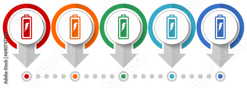 Battery vector icon set, flat design infographic template, set pointer concept icons in 5 color options for webdesign and mobile applications