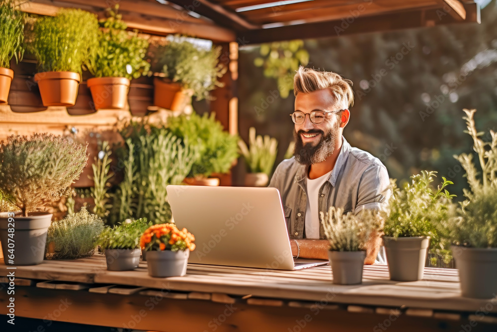 Happy hipster businessman florist in apron sitting with laptop at work in small sustainable floral shop. Small business owner works in flower shop and customer service . Startup. Own business concept Happy hipster businessman florist in apron sitting with laptop at work in small sustainable floral shop. Small business owner works in flower shop and customer service . Startup. Own business concept