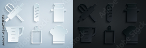 Set Cutting board, Can container for milk, Measuring cup, Chef hat, French baguette bread and Kitchen whisk and rolling pin icon. Vector