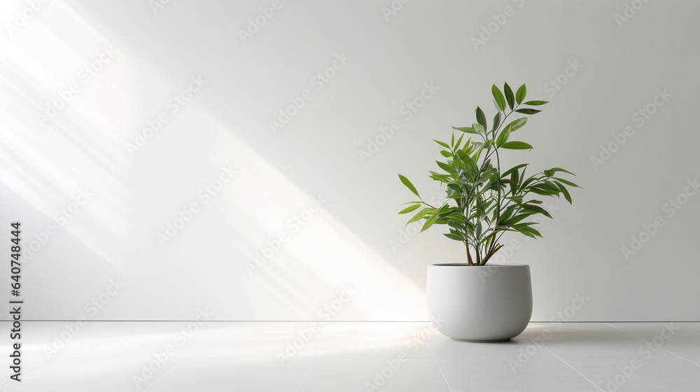 plant in the interior with white empty wall.Generative Ai