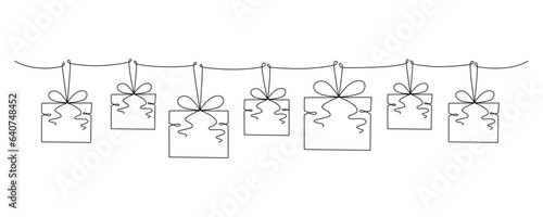 Gift boxes with bows hand drawing single line. Vector stock illustration isolated on background for design template Christmas, wedding or birthday banner, invitation, greeting card. Editable stroke