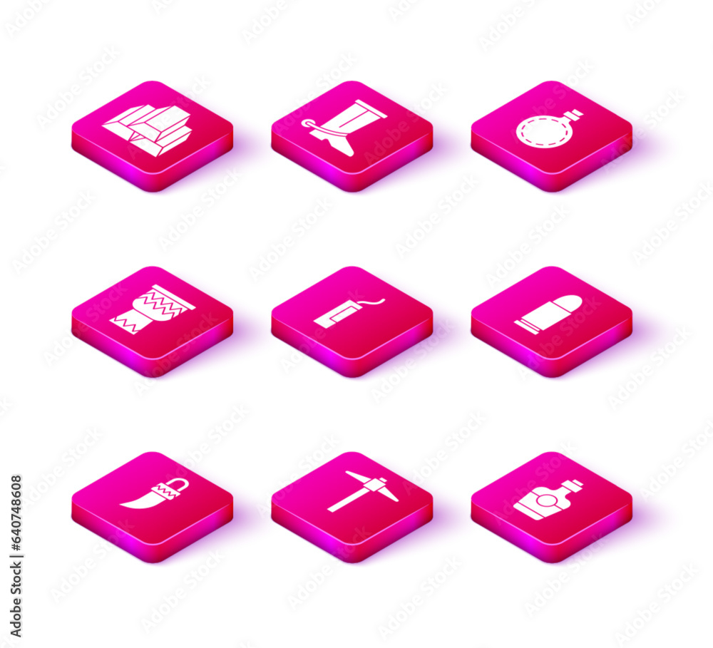 Set Tooth, Pickaxe, Drum, Dynamite bomb, Tequila bottle, Bullet, Canteen water and Cowboy boot icon. Vector Set Tooth, Pickaxe, Drum, Dynamite bomb, Tequila bottle, Bullet, Canteen water and Cowboy boot icon. Vector