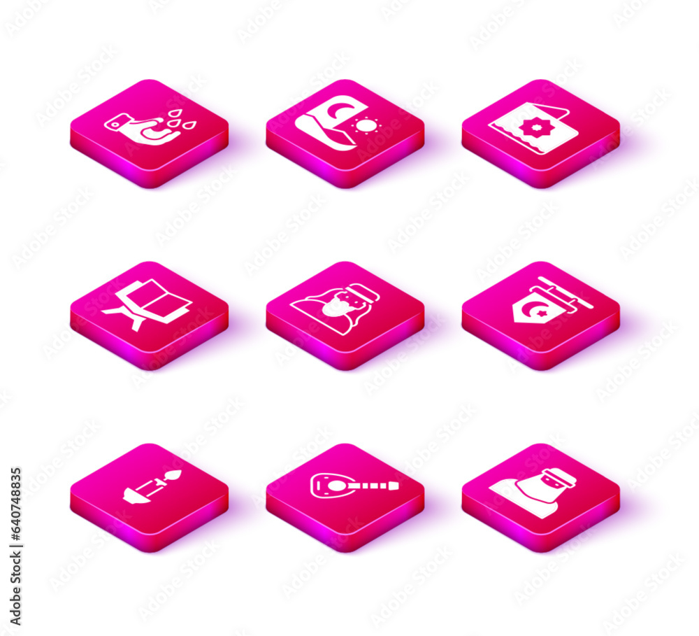 Set Burning candle, Lute, Holy book of Koran, Muslim man, woman niqab, Star crescent, Octagonal star and Ramadan fasting icon. Vector Set Burning candle, Lute, Holy book of Koran, Muslim man, woman niqab, Star crescent, Octagonal star and Ramadan fasting icon. Vector