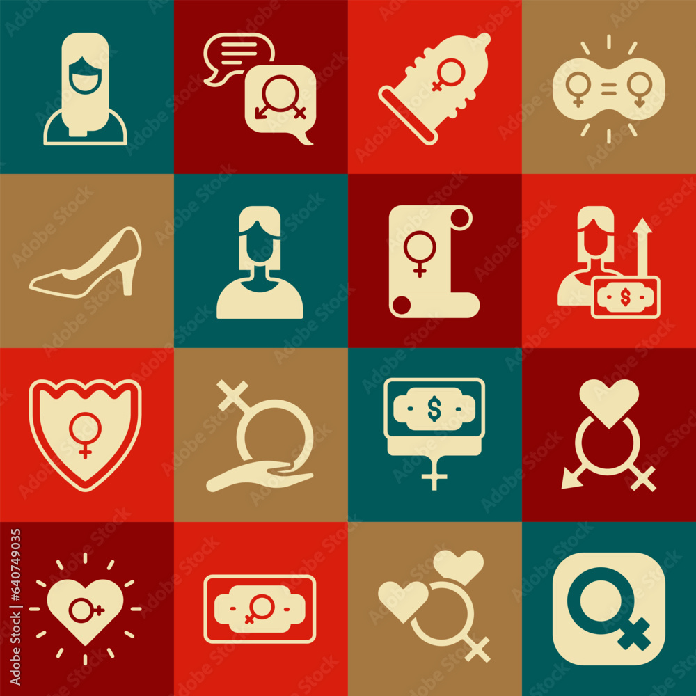Set Female gender, Gender, Money growth woman, Condom, Woman shoe, Muslim in hijab and Feminism icon. Vector Set Female gender, Gender, Money growth woman, Condom, Woman shoe, Muslim in hijab and Feminism icon. Vector