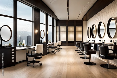 Beauty salon with chairs and round mirror,