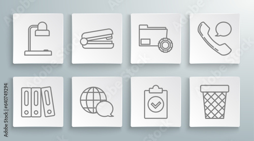 Set line Office folders with papers and documents, stapler, World map made from speech bubble, Completed task, Trash can, Folder settings gears, Telephone handset chat and Table lamp icon. Vector
