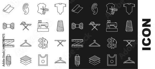 Set line Hanger wardrobe, Ironing board, Sewing thread spool, Scissors and leather, Electric iron ironing, Textile fabric roll and machine icon. Vector