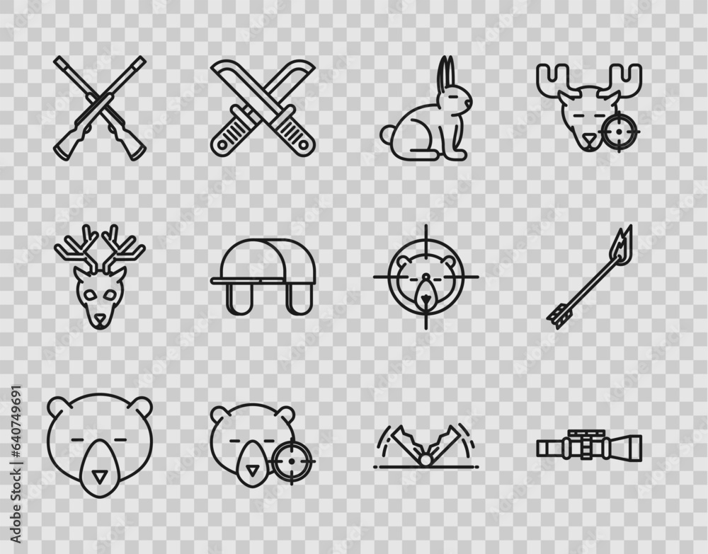 Set line Bear head, Sniper optical sight, Rabbit, Hunt on bear with crosshairs, Two crossed shotguns, Hunter hat, Trap hunting and Flame arrow icon. Vector Set line Bear head, Sniper optical sight, Rabbit, Hunt on bear with crosshairs, Two crossed shotguns, Hunter hat, Trap hunting and Flame arrow icon. Vector