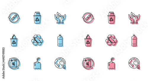 Set line Bio fuel canister, Sprout in bottle, Battery with recycle symbol line, Earth globe and leaf, Recycling plastic, Plastic, Recycle bin and icon. Vector