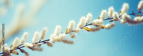 Blooming fluffy willow branches in spring close-up on nature macro with soft focus on turquoise blue background sky. Vintage muted tones, copy space, ultra-wide, Generative AI