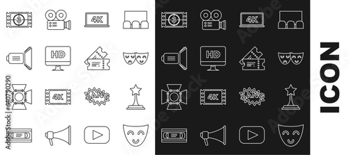 Set line Comedy theatrical mask, Movie trophy, and tragedy masks, Laptop screen with 4k video technology, Computer PC monitor HD, spotlight, Play Video and Cinema ticket icon. Vector