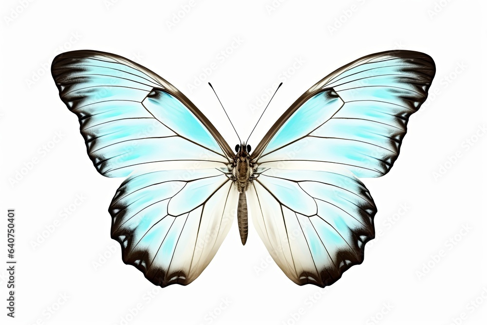 Butterfly is white with a black pattern and light blue tint isolated on a white background. Morpho polyphemus, White Morpho, Generative AI Butterfly is white with a black pattern and light blue tint isolated on a white background. Morpho polyphemus, White Morpho, Generative AI