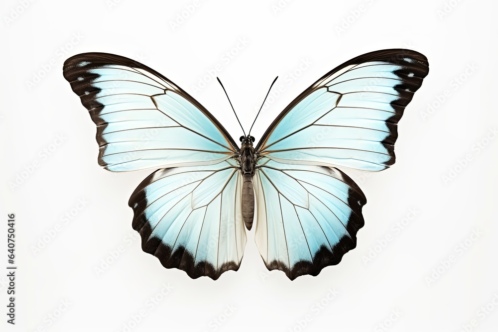 Butterfly is white with a black pattern and light blue tint isolated on a white background. Morpho polyphemus, White Morpho, Generative AI Butterfly is white with a black pattern and light blue tint isolated on a white background. Morpho polyphemus, White Morpho, Generative AI