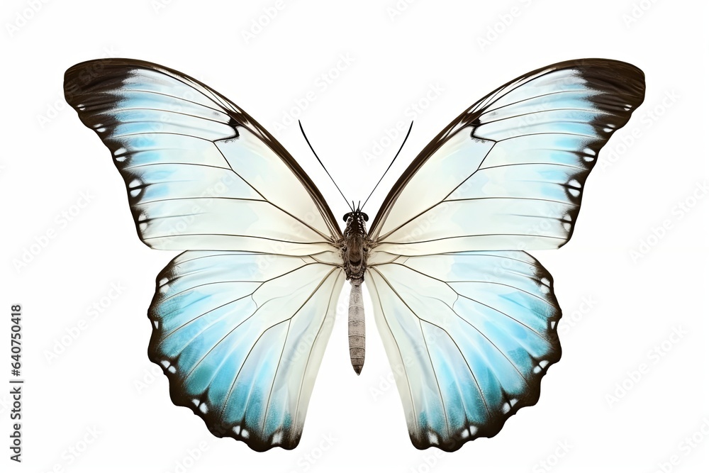 Butterfly is white with a black pattern and light blue tint isolated on a white background. Morpho polyphemus, White Morpho, Generative AI Butterfly is white with a black pattern and light blue tint isolated on a white background. Morpho polyphemus, White Morpho, Generative AI