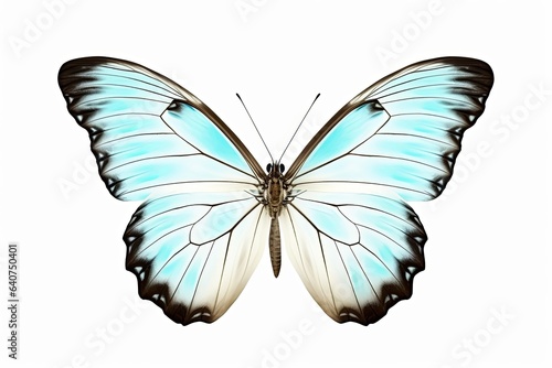 Butterfly is white with a black pattern and light blue tint isolated on a white background. Morpho polyphemus, White Morpho, Generative AI