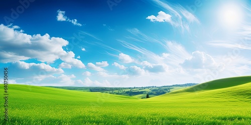 Panoramic natural landscape with green grass field meadow and blue sky with clouds  bright sun and horizon line. Panorama summer spring  grassland in sunny  Generative AI