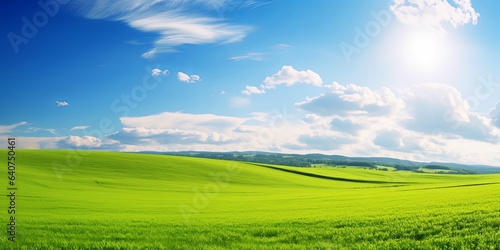 Panoramic natural landscape with green grass field meadow and blue sky with clouds, bright sun and horizon line. Panorama summer spring grassland in sunny, Generative AI