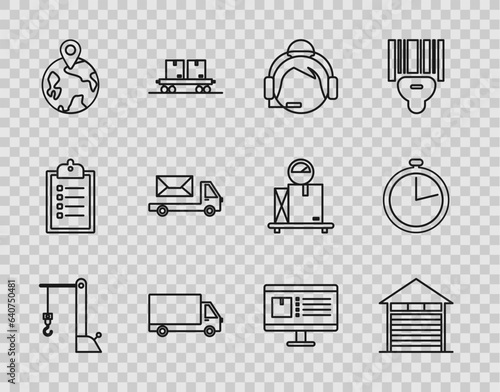 Set line Harbor port crane, Closed warehouse, Support operator in touch, Delivery cargo truck vehicle, Worldwide, Post, Computer monitor with app delivery tracking and Stopwatch icon. Vector