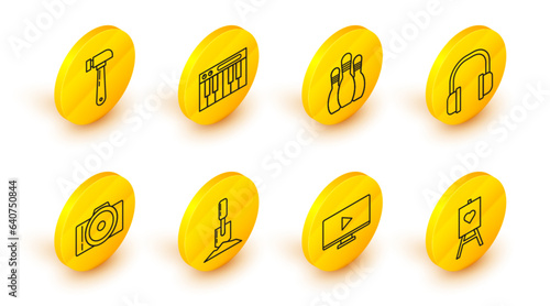 Set line Wood easel or painting art boards, Online play video, Shovel the ground, Photo camera, Headphones, Bowling pin, Music synthesizer and Hammer icon. Vector