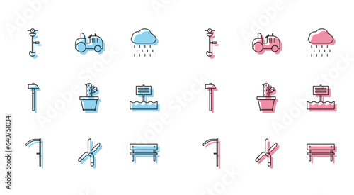 Set line Scythe, Gardening handmade scissors, Grass weed electric string trimmer, Bench, Cactus succulent pot, Blank wooden sign board, Hammer and Tractor icon. Vector