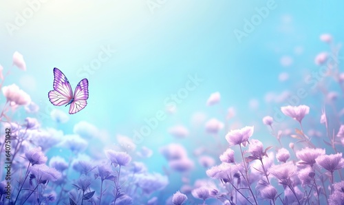 Floral spring natural blue background with fluffy airy lilac flowers on meadow and fluttering butterflies on blue sky background. Dreamy gentle air artistic image. Soft, Generative AI © Digi ART