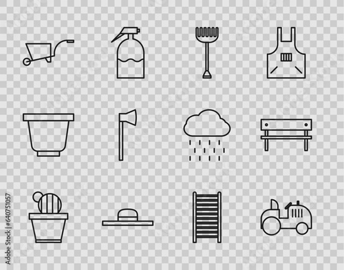 Set line Cactus and succulent in pot, Tractor, Garden rake, Worker hat, Wheelbarrow, Wooden axe, staircase and Bench icon. Vector