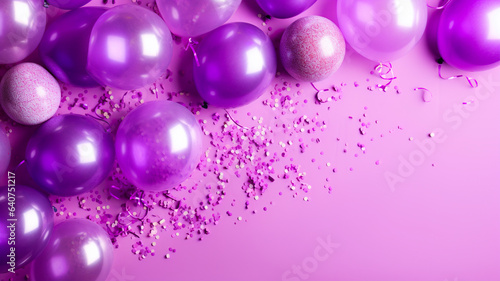 Purple balloons and confetti on a pink background with copy space