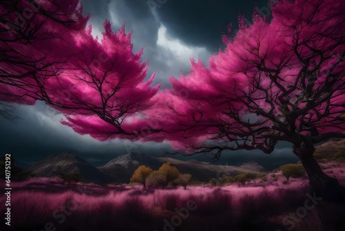 pink tree in spooky night