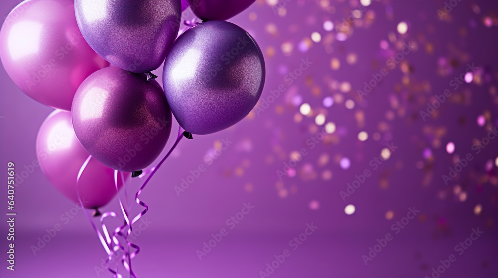 Purple balloons with confetti on purple background. Purple balloons with confetti on purple background.