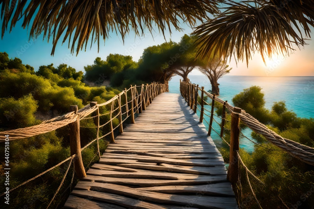 Naklejka premium The wooden bridge overlooking the sea leads to an island with palm trees. It's a rope bridge