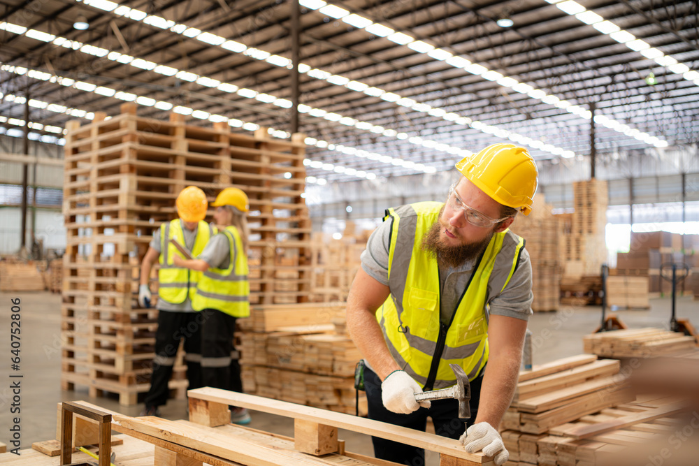 Young workers working in a woodworking factory, Using a hammer to work assembling pallet parts Young workers working in a woodworking factory, Using a hammer to work assembling pallet parts